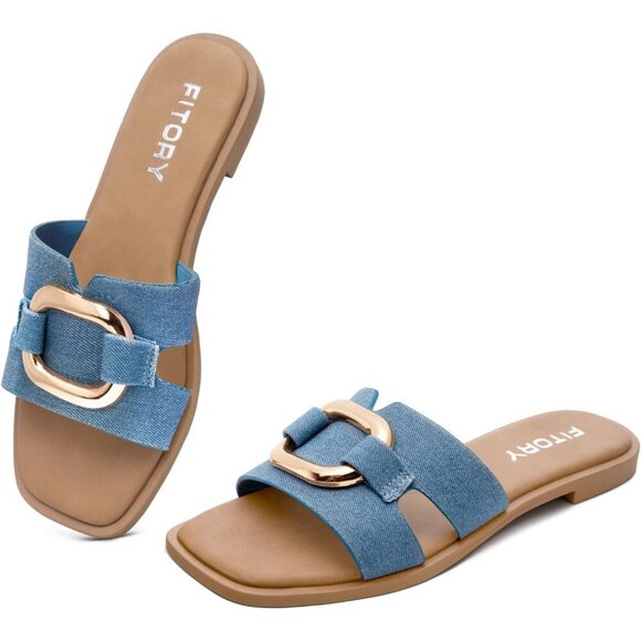 Women's Blue Square Open Toe Slides PU Strap Metal Chain Slippers Flat Sandals